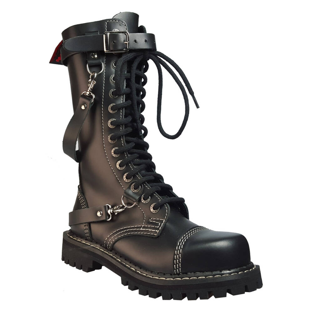 Angry Itch 14-Eye 3-Strap Gothic Punk Army Ranger Leather Boots
