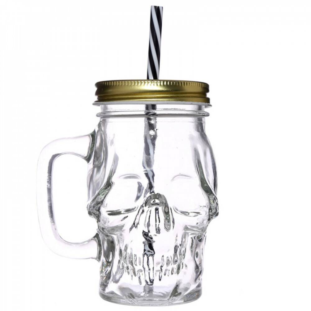 Mad Moonshine glass jug with lid and straw Skull