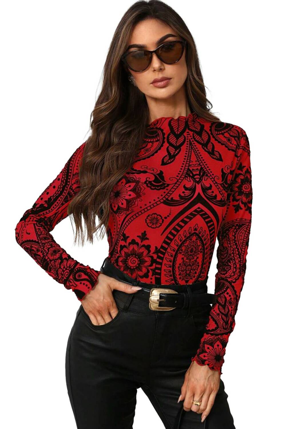 Romwe Top Paisley Flocked